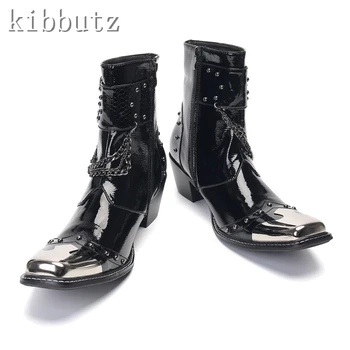 Lanț negru Nit Punk Botine pentru Barbati Designer Metal Square Toe Piele Cataramă Moda Motocicleta Chelsea Pantofi