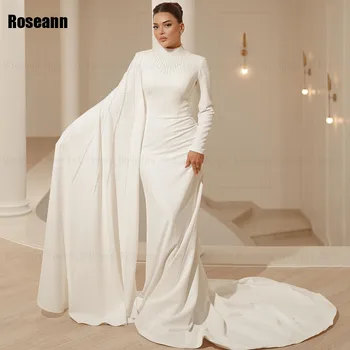 Moda musulmană Guler Înalt Fildeș Sirena Rochii de Mireasa Dantela Panglică Completă Perie de Tren Etaj Lungime Rochie de Mireasa robe de mariée