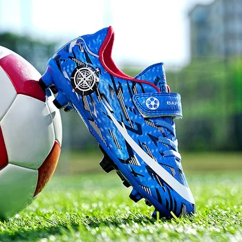 Nou Albastru Copii ghete de Fotbal de Interior pentru Copii Pantofi de Fotbal Gazon Cleme Cârlig și buclă de Fotbal, Adidasi Pentru Băiat chuteira futsal