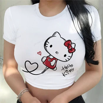 Femei T-shirt Sexy si Club de Moda de sex Feminin tricou Maneca Scurta Hello Kitty de Imprimare Doamna Tricou de Vara Sexy Petrecere Culturilor Sus