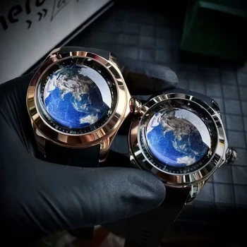KAFYASE Moda Pământ cu Bule de Cauciuc Automată Ceasuri de Lux Bărbați 46mm Mecanice Ceasuri de mana Arta Ochi Mingea Cadran Ceas Clasic