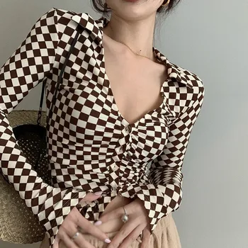 Moda pentru femei Camasa Carouri mulate Vintage Trunchiate Estetic Elegant Sexy Chic Stil coreean V Gatului Maneca Lunga