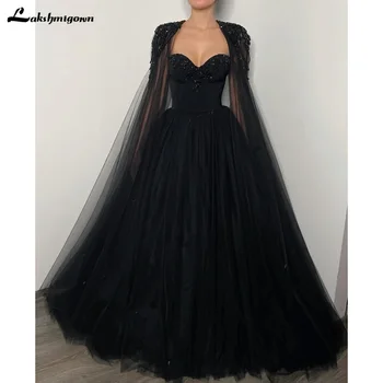 Lakshmigown Negru-Linie Etaj Lungime Civile Nunta DressTulle Cape Cristal Umăr Rochie de Mireasa Conservatie vestido de novia negru