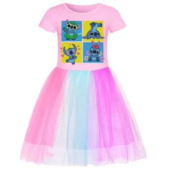 Disney Stitch Haine De Vara Pentru Copii Cu Maneci Scurte Rochie Fete Adolescente Curcubeu Plasă Casual, Rochii De Seara Elegante Printesa Vestidos