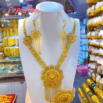 Noul Dubai Placat cu Aur de 24K Dubai Bijuterii de Nunta Colier Femei Cercei Inel Boutique Set de Trei Piese YY10334