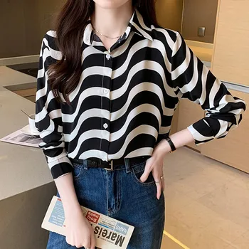 Femei Cu Maneci Lungi Tricou Cu Dungi New Sosire 2024 Primăvară Coreeană Stil Casual Bază Topuri Doamnelor Munca De Birou Bluze Sifon W1483