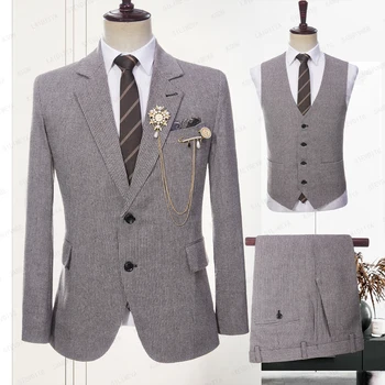 2023 Nouă Bărbați de Înaltă Calitate de Afaceri Lenjerie de Costume Maro Alb Spic de Nunta Mirele Rochia Tuxedo 3 Buc Set（Sacou+Vesta+Pantaloni）
