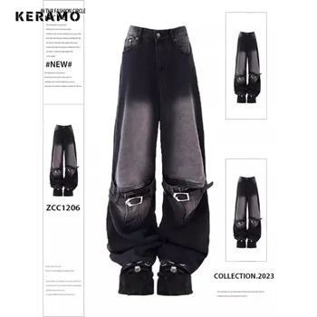 2024 Epocă Talie Mare Stil Stradă Belted Blugi Drepte Gotic Pantaloni pentru Femei de Moda Largi Picior Punk Largi Y2K Denim Pantaloni