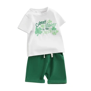 Baby Boy Fata de St Patrick ' s Haine cu Maneci Scurte Tricou Top Laminate Set de pantaloni Scurți de Vară Drăguț Trifoi Imprimare Utilaje