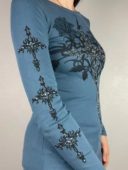 Femeile s Casual Toamna Gotic Bluze Maneca Lunga Albastru Stras Model de Imprimare tricou Subțire