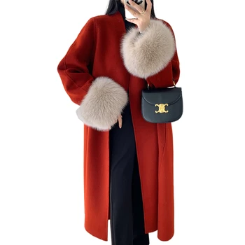 Toamna și Iarna Noi Manșete de Blană de Vulpe Blană Lungă Hepburn Stil Double-cu care se Confruntă produse de Lână Cașmir Palton Haina Spectacol de Moda
