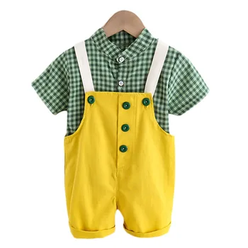 moda băieți copii haine de vară pentru copiii nou-născuți seturi de îmbrăcăminte pentru băiat zăbrele scurt, camasi cu maneca + bretele, pantaloni scurți 0-6Y