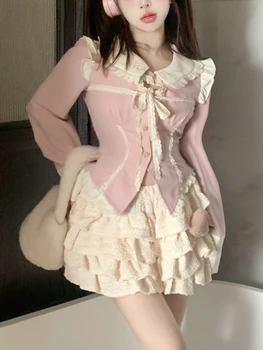 Kawaii 2 Bucata Set Fusta Fete Stil Japonez Roz Dulce Topuri + Casual Slim Mini Tort Fusta De Moda Lolita Haine De Femeie 2023