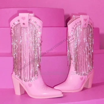 Roz Cu Ciucuri De Cristal De Cusut Design De Cizme A Subliniat Toe Fermoar Lateral Femei Pantofi Ciudat Stil Toc Pista 2023 Zapatos Para Mujere