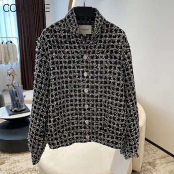 Vintage Carouri Abrigo Mujer Invierno 2023 de Lux de Înaltă Calitate, Haine de Lână Designer Carouri Sacou de Tweed pentru Femei Nou în Outwears