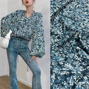 Designer Nou Stil Pastorală Fragmentate de Flori Albastru de Imprimare Dublu Qiao Mătase, Tesatura de Înaltă Calitate de Îmbrăcăminte pentru Femei de Cusut Material