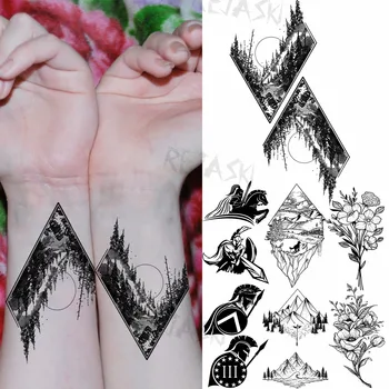 Geometrice Munte Pădure Tatuaje Temporare Pentru Femei Adulte Spartan Bujor Tatuaj Fals Autocolant 3D Moda Încheietura mâinii Impermeabil Tatuaje