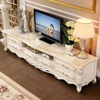 Stil European de masă de ceai TV cabinet combinație solidă de sculptură în lemn de lux, mobilier camera de zi marmură TV cabinet