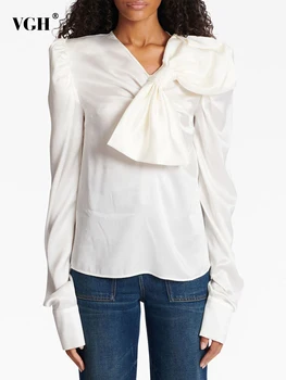 VGH Solid Mozaic Bowknot Bluze Casual Pentru Femei V-Neck Maneca Lunga Îmbinat cu Fermoar Minimalist Tricouri Femei Stil de Moda