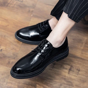 alb-negru pantofi de piele de brevet pentru bărbați respirabil casual de afaceri de nunta formale rochie dantela-up pantofi derby domn încălțăminte