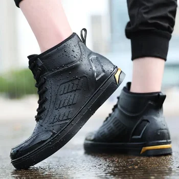 Pantofi impermeabili Barbati Negru High Top Glezna Cizme pentru Ploaie Casual Plat Rainboots pentru Bărbați Moda de Cauciuc Cizme de Ploaie Dimensiuni 39-44