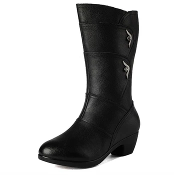 Femei PU Piele Cizme Jumătatea Vițel cu Fermoar Design Toamna Iarna Cald Pantofi Mama de Înaltă Calitate Doamnelor Pantofi Negri Tocuri Dimensiunea 35-42