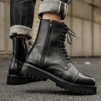 Cowskin Zip Ghete Bărbați Din Piele Cizme Negre Cizme De Lucru Drumeții Pantofi