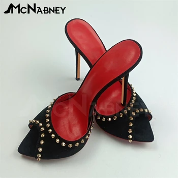 Sexy Împânzit de piele de Căprioară Papuci Negru Roșu a Subliniat Pantofi Stiletto de Moda de Lux Catâri pentru Femei Personalizate Culori Dimensiuni Mari Tocuri inalte