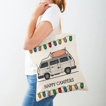 Doamna de moda Panza Geantă de Cumpărături Happy Camper Van Viața Tote Geantă de mână pentru Femei Casual desen Animat de Călătorie Masina de Imprimare Saci de Cumparator