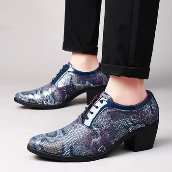 WEH Bărbați Toc Înalt Pantofi de Moda Noua Șarpe Albastru Pantofi Rochie de Om Subliniat Confort din Piele Dantela-up Pantofi Casual Barbati zapatos de vestir