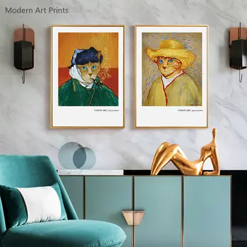 Nordic opera de Arta Abstracta Van Gogh și Nobil Pisica Panza Pictura Animale Imprimare Poster de Arta de Perete Tablou Living, Dormitor Decor