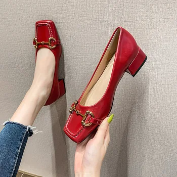 Stil nou Single Pantofi de Moda Toc Gros Deget de la picior Pătrat de Metal Superficial Gura Mary Jane Pantofi pentru Femei de Mari Dimensiuni Pantofi pentru Femei