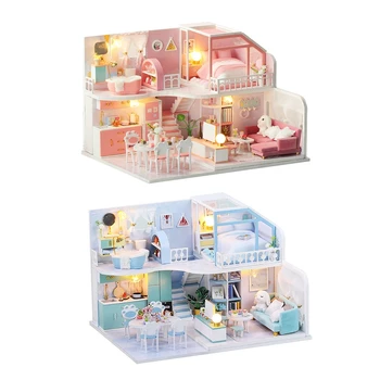 DIY Casa Papusa in Miniatura 3D din Lemn, case de păpuși Set Mobilier Kit-ul Cu LED-uri și Capac de Praf Jucarii Pentru Copii Cadouri