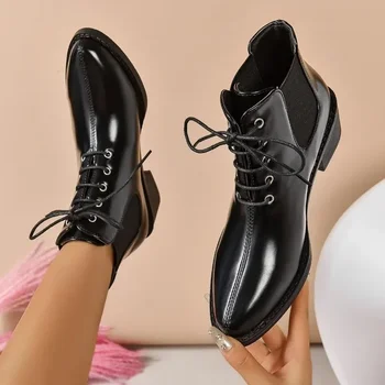 2023 Pantofi de Înaltă Calitate pentru Femei Dantelă Sus Cizme Femei de Iarna a Subliniat Deget de la picior Solid Scurt Baril Toc Scăzut de Mari Dimensiuni Cizme de Moda
