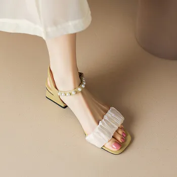 Dimensiuni mari, Supradimensionate de Mari dimensiuni sandale pentru femei și fete Pătrat design cutat cu toc gros sandale și perla decor