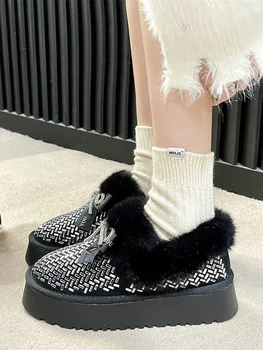 Pantofi de iarna pentru Femei Rotund Toe Saboti Platforma Mocasini Blana de Cristal Tocuri Joase Femeie Încălțăminte Slip-on Liane Stras Rochie de Alunecare