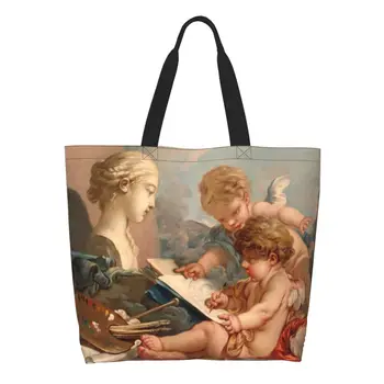 Imprimare De Moda Estetice Renascentiste Inger Heruvim Cumpărături Tote Sac Portabil Canvas Shopper Umăr Boucher, Rococo, Art Geantă De Mână