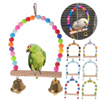 Din Lemn Natural Papagalii Leagăn Jucărie Păsări Biban Agățat Leagăne Cusca Cu Margele Colorate Clopote Jucării Pasăre Consumabile Picătură Navă