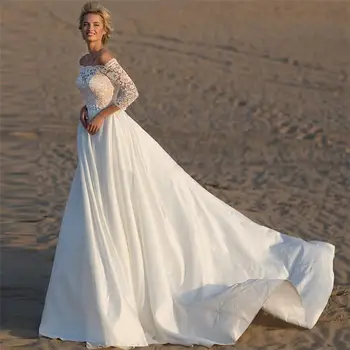 Elegant Bateau Gât Plaja Rochii de Mireasa Boho 2024 Modest Dantela Satin Rochii de Mireasa Cu Buzunar Personalizate vestidos de mariee