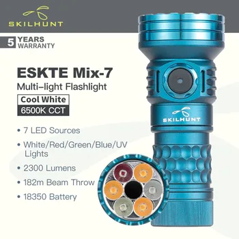 Skilhunt ESKTE Mix-7 (Alb Rece Versiune) Lanterna Portabil, 7 Surse de LED-uri, Alb/Rosu/Verde/Albastru/Lumini UV, cu Baterie 18350