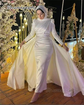 Elegant Arabă Musulmană Rochie De Mireasa Direct Lungime De Glezna Margele Perle Satin Simplu Rochii De Mireasa Cu Trenul Detașabil