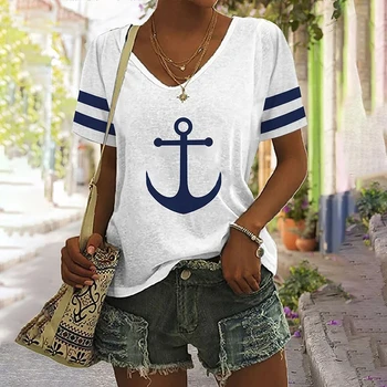 Răcoritoare de Vară de Moda de Îmbrăcăminte pentru Femei de Navigare cu Barca Ancora Model T-Shirt 3d Printed V-Neck Sport Casual cu Mâneci Scurte