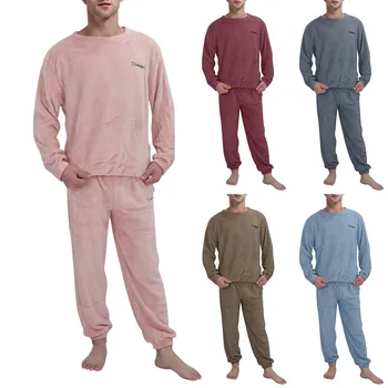 Îngroșat Sleepwear Set Pijama La Modă Pijama De Flanel Uzura Acasă Confortabil Culoare Solidă Cald Iarna Costum Pentru Bărbați