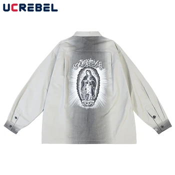 Stil Safari Gradient De Vopsit Cu Mâneci Lungi Tricou Barbati Casual Toamna Streetwear Rever Imprimare Pocket Shirt Pentru Bărbați