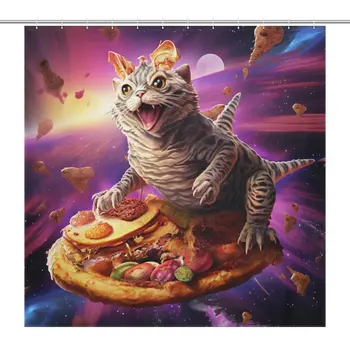 Jucaus, Amuzant Pisica Galaxy Perdea de Duș din Poliester Tesatura de Baie, Perdele de Baie Decor Impermeabil 12buc Cârlige Spațiu Pizza