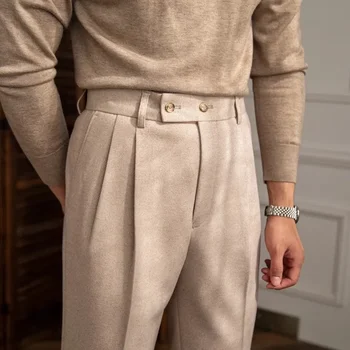 Toamna și Iarna Nou de Înaltă Talie Rochie de Lână Pantaloni pentru Bărbați Dublu-buton Casual Culoare Solidă Cald Direct Barbati Pantaloni Formale