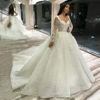 Elegant alb Arab din Dubai rochie de mireasa piața guler maneca lunga dantela aplicatiile rochie de mireasa matura-tren rochie de mireasa