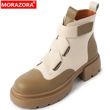 MORAZORA Nou Glezna din Piele Cizme Femeie Platforma Doamnelor Pantofi de Moda Pătrat Med Tocuri Culori Amestecate Cizme de Iarna