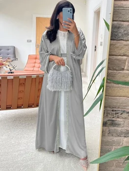 Satin Deschide Abaya Dubai Turcia Musulmană Modestă Rochie pentru Femei Stras Marocan Caftan Halat de Islam Uza Kimono Femme Musulmane